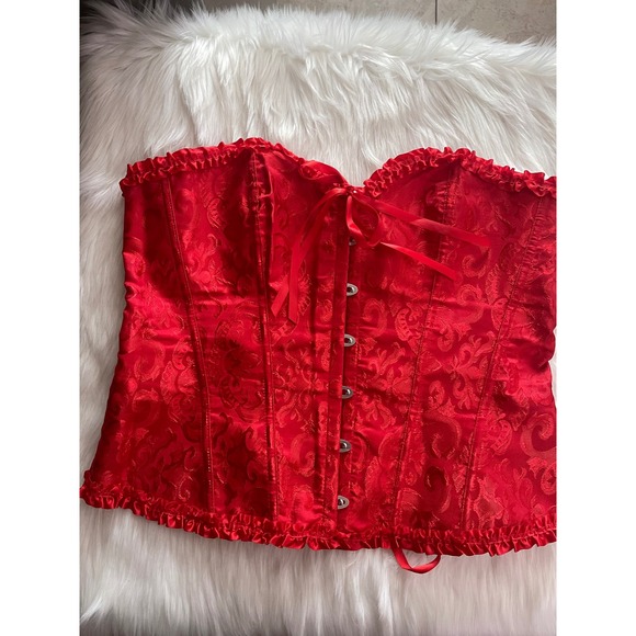 Tops - Women Red Victoria Style Satin Bustier Corset Floral Brocade Ruffled Trim 4XL